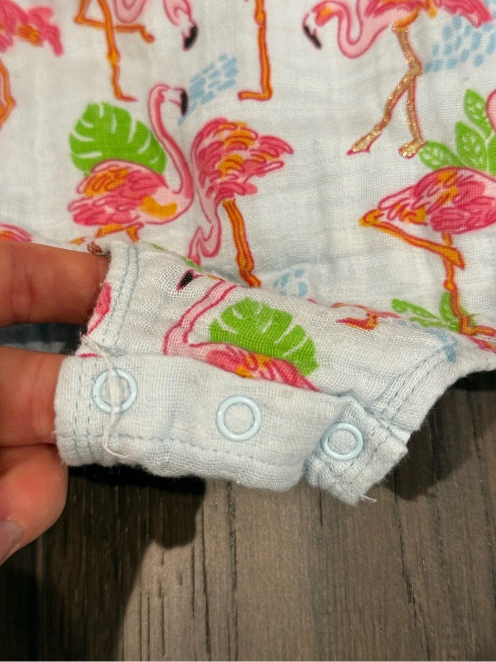 MudPie 6-9 month flamingo ruffle romper with cross cross back